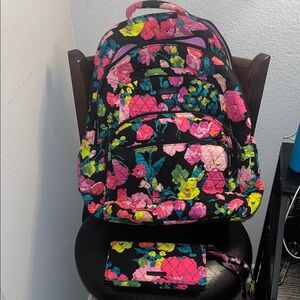 Vera Bradley Black Quilted Backpack/ Wallet Purse Pink & Neon Floral Print